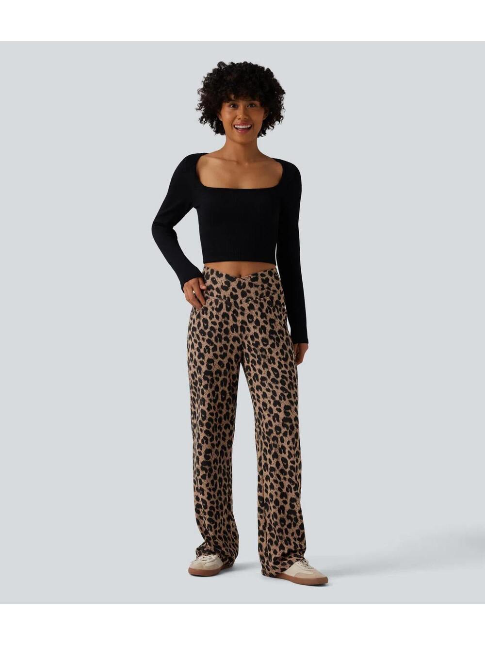 Halara High Waisted Crossover Leopard Print Waffle Pants Noir Safari Size Small - Picture 9 of 9